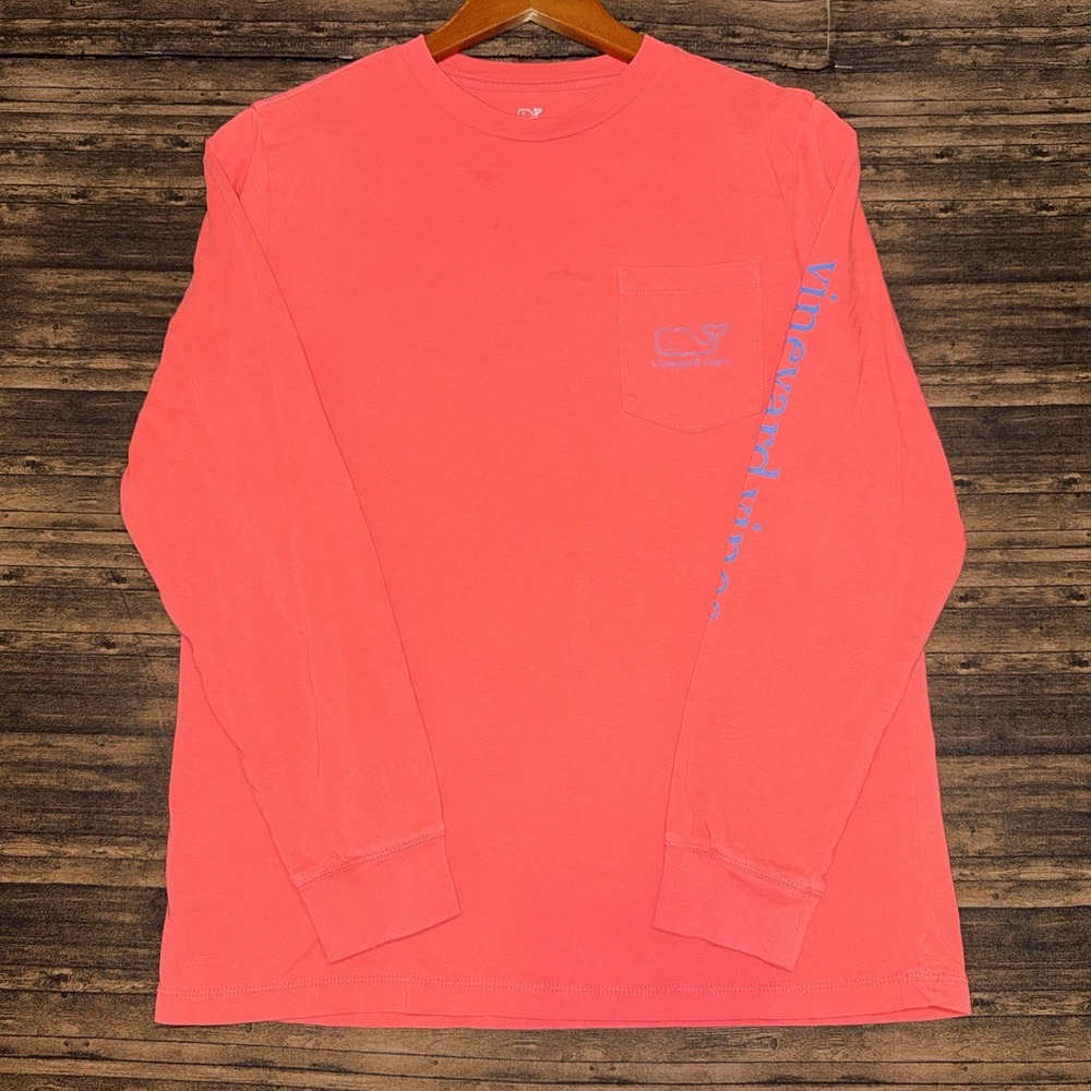 Vineyard Vines Boys Youth Large 16 Pocket Tee Long Sleeve Coral Blue Whale
